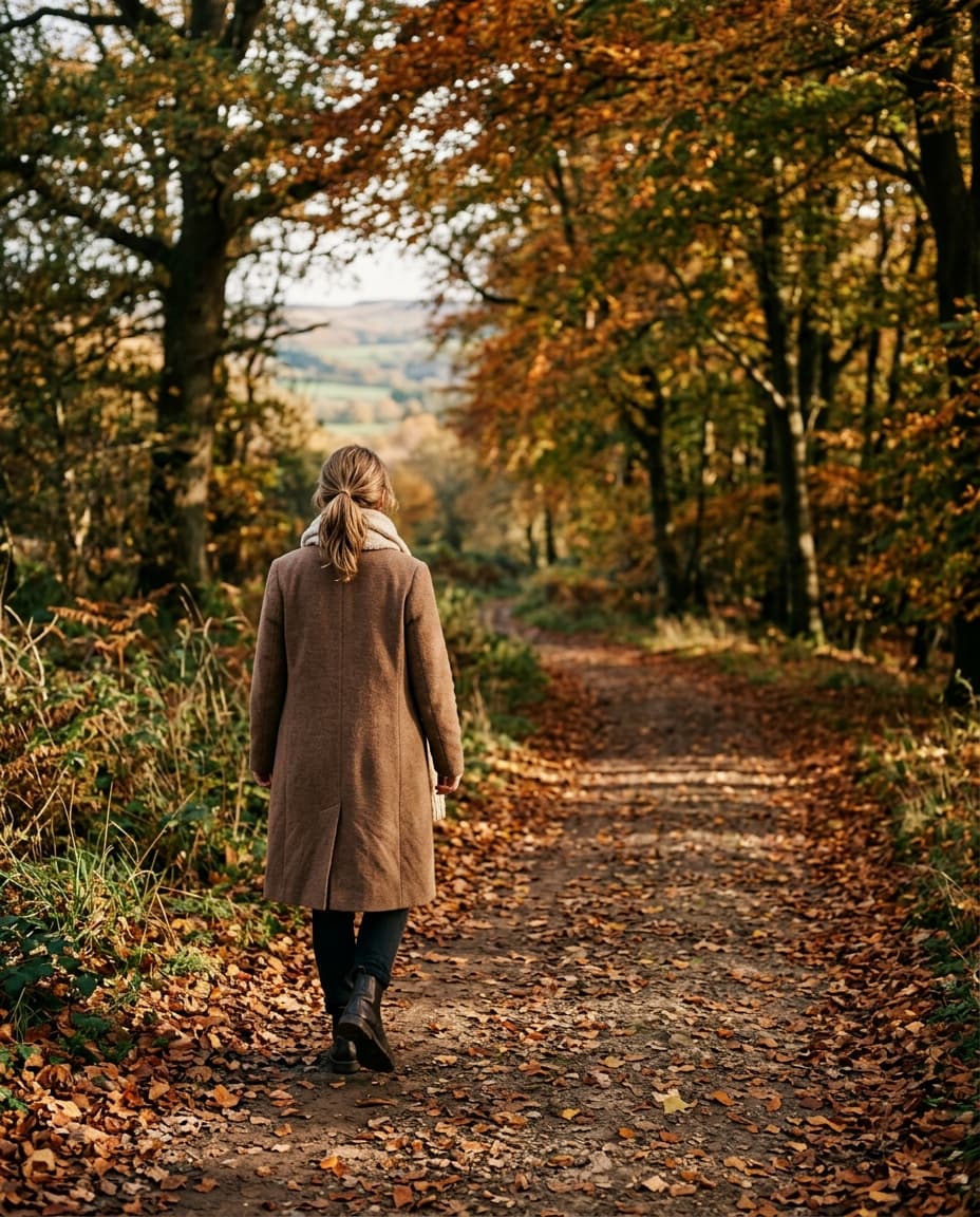 A woman walking unhurriedly along a sunlit woodland path — representing the therapeutic journey forward.