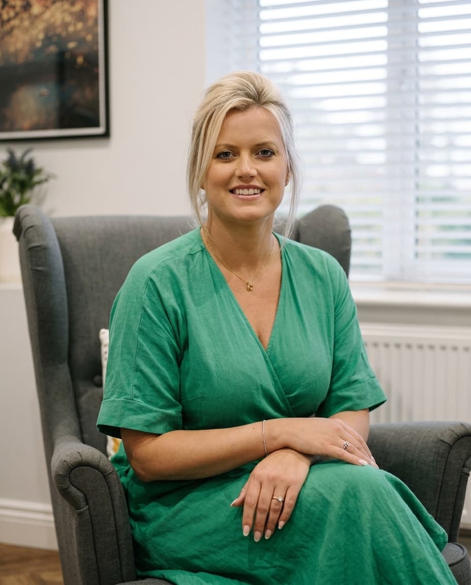 Katherine Richmond, trauma-informed therapist, sitting in her Horsforth therapy room.