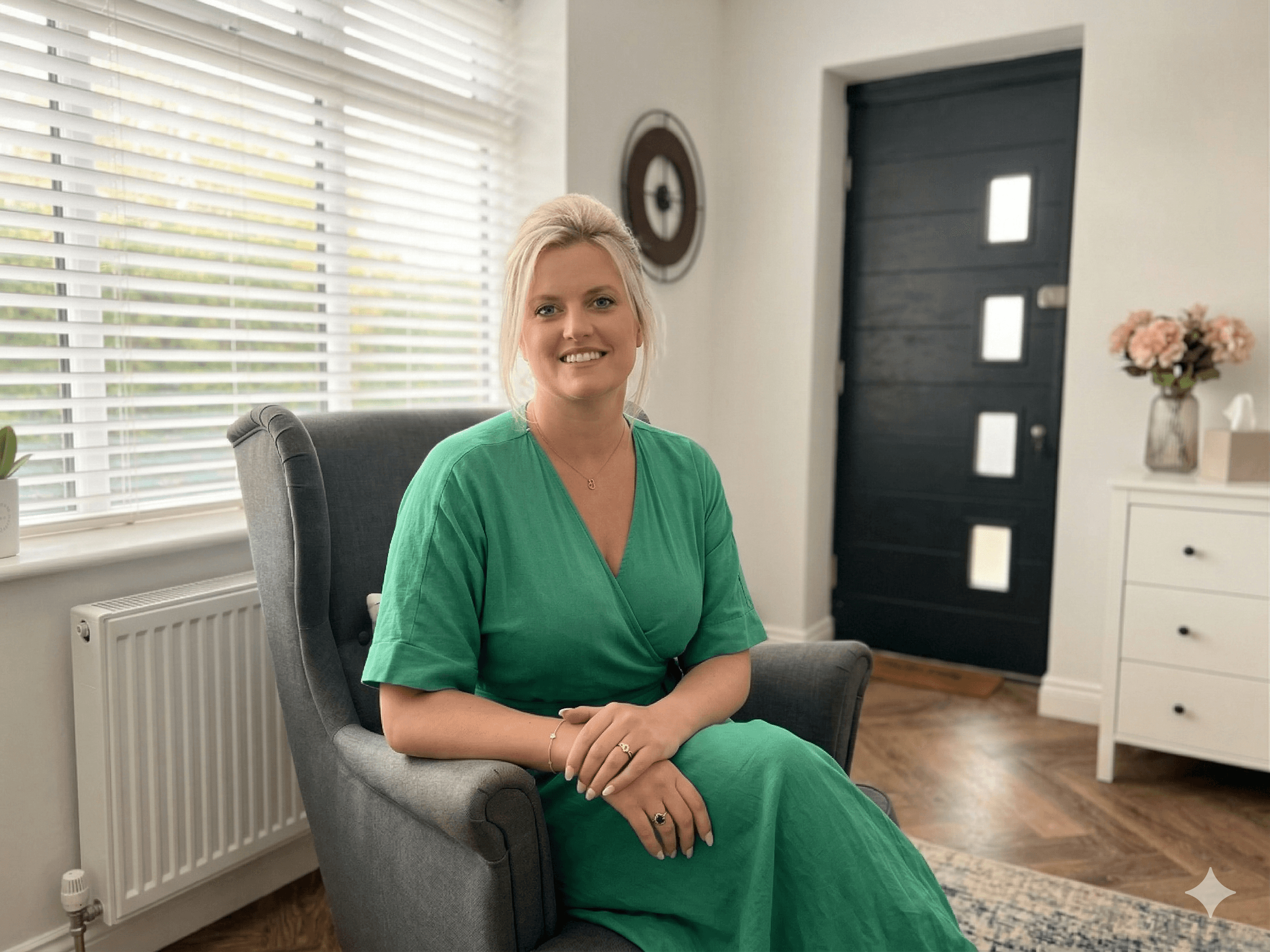 Katherine Richmond, therapist at Healing Attachment, seated in her therapy room