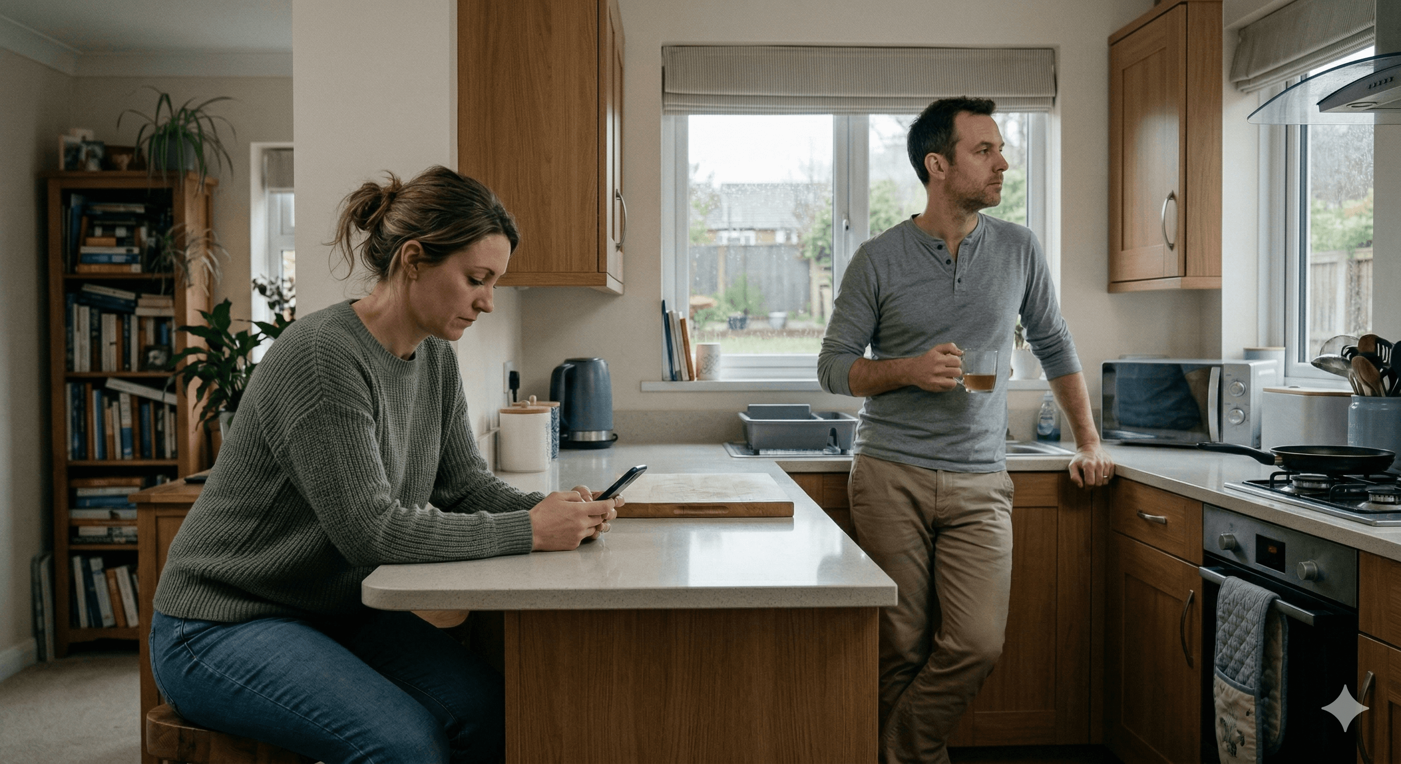 A couple in a kitchen showing emotional distance — representing the disconnect that relational trauma creates