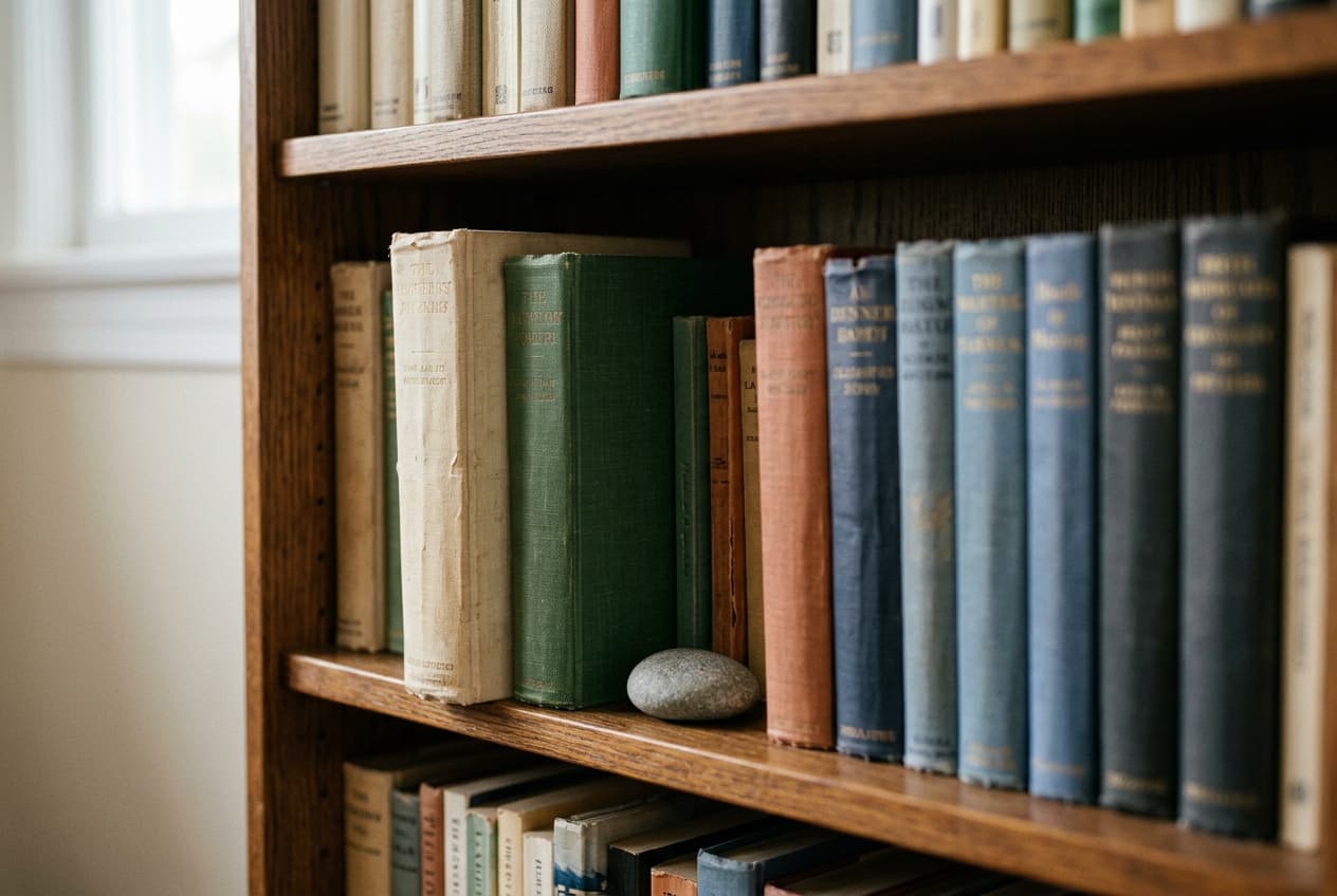 A close-up of the bookshelf in Katherine Richmond's therapy room, cloth-bound spines in muted tones