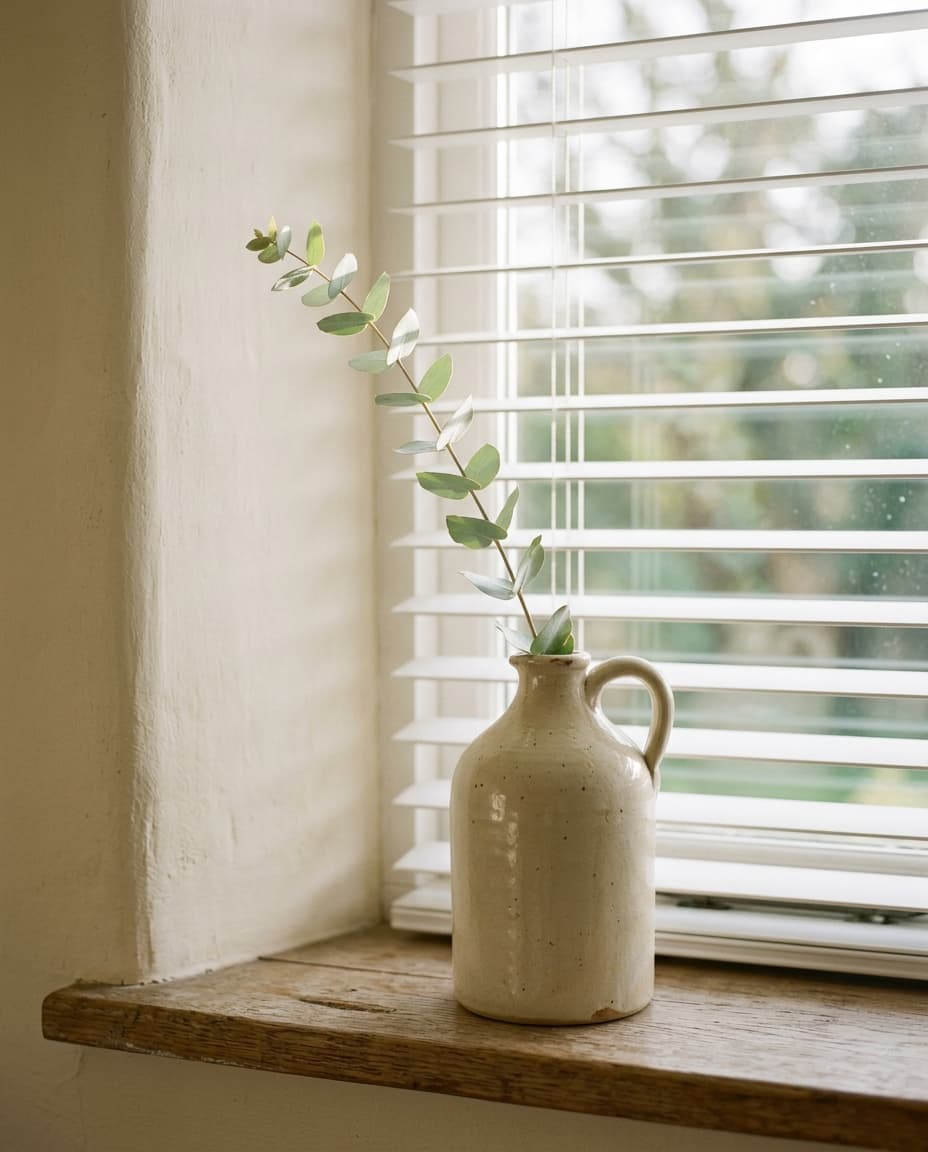 A single stem of eucalyptus in a stoneware jug on a sunlit windowsill