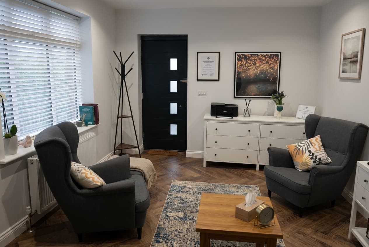 The therapy room in Horsforth, Leeds: two armchairs facing each other in soft natural light