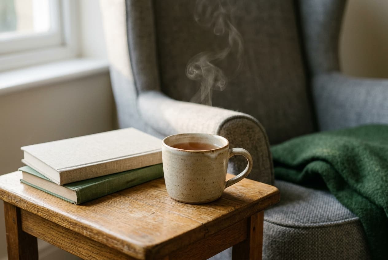 A stoneware mug of tea and quiet stack of books on a wooden side table — a moment of pause