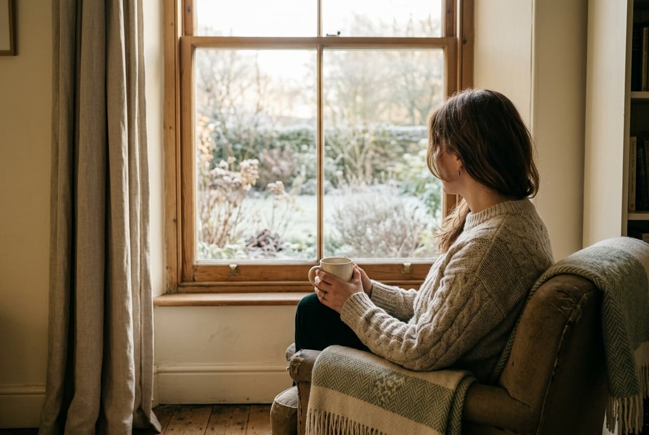 A woman sitting by a window in soft morning light, quietly reflective — representing the readiness to make sense of what has happened.